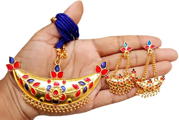 Assamese_Traditional_Gold_Plated_Red_Blue_Joonbiri_Tassel_Jewellery_Set_For_Women